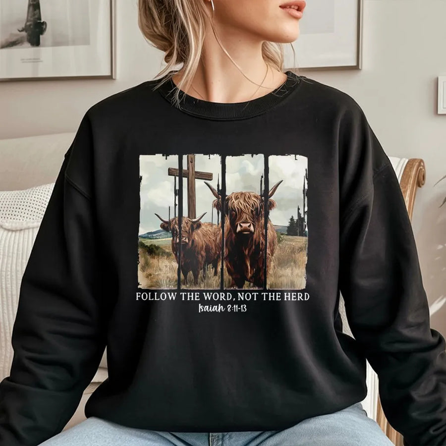Highland Cow Christian Sweatshirt | Follow The Word Not The Herd Bible Verse Design | Premium Unisex Graphic Crewneck | Religious Faith Gift