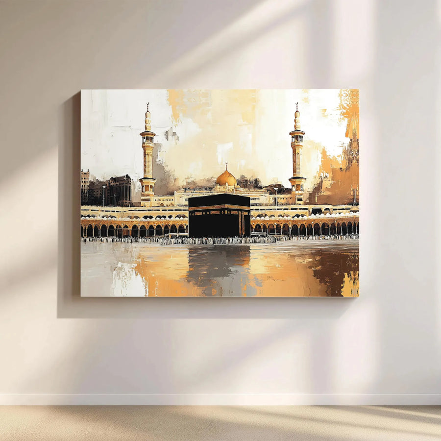 Kaaba Mecca Islamic Horizontal Canvas | Abstract Gold Masjid al-Haram Wall Art | Premium 1.25" Gallery Wrap | Spiritual Muslim Home Decor Gift