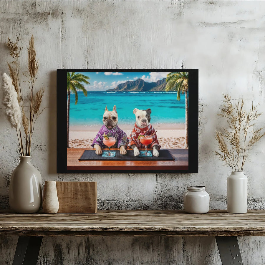 French Bulldog And Boston Terrier Canvas | Tropical Beach Bar Cocktail Art | 1.25-Inch Gallery Wrap | Funny Dog Lover Home Decor Gift