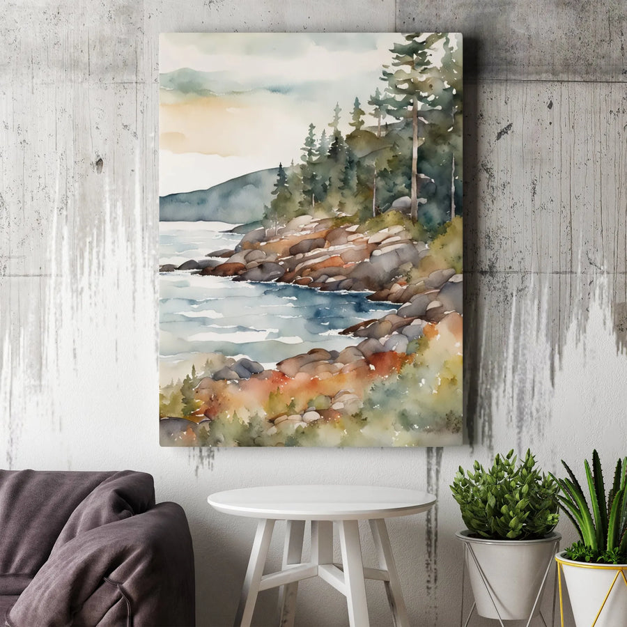 Watercolor Coastal Landscape Vertical Canvas | Rocky Shore Pine Tree Scenery | Premium 1.25" Thick Gallery Wrap | Modern Rustic Home Decor Gift