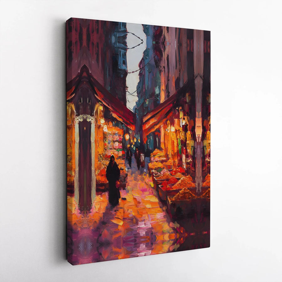 Night Market Street Scene Canvas Art | Impressionist Cityscape Oil Painting Print | Gallery Quality 1.25" Profile | Modern Home & Office Wall Decor