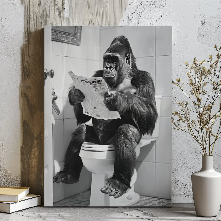 Funny Gorilla Toilet Wall Art | Bathroom Humour Canvas Print | Premium Gallery Wrap Decor | Unique Man Cave Gift for Men