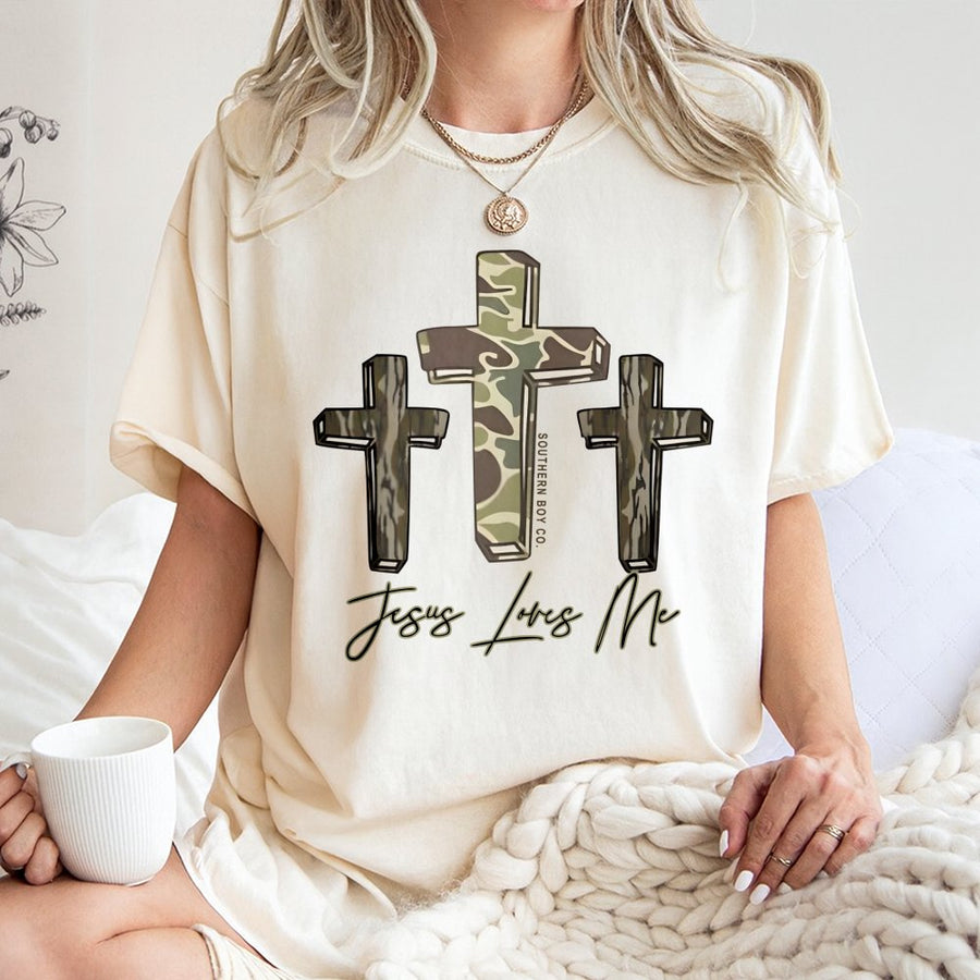 Jesus Loves Me Three Cross T-Shirt | Camo Tree Design | 100% Cotton Premium Tee | Christian Faith Gift for Him and Her