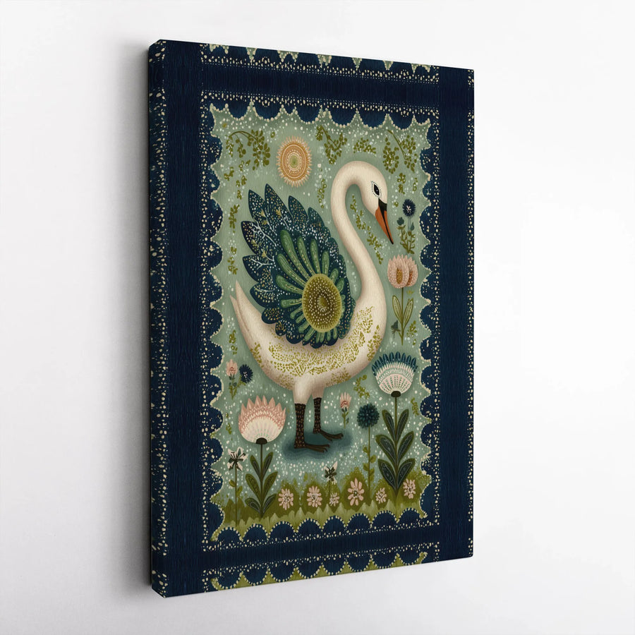 Folk Art Swan Canvas Wall Art | Whimsical Floral Garden Print | Premium Gallery Wrapped Decor | Nature Lover Home Interior Gift