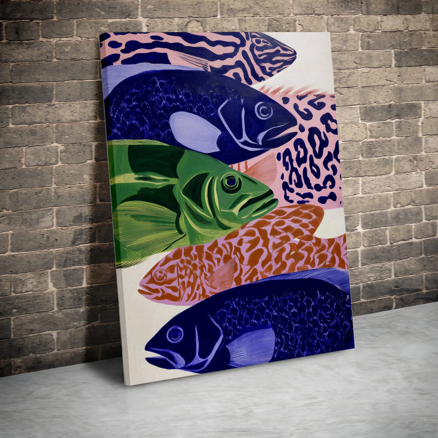 Modern Fish Canvas Wall Art | Vibrant Pop Art Fish Pattern | Premium Gallery Wrapped Canvas | Modern Coastal Home Decor Gift