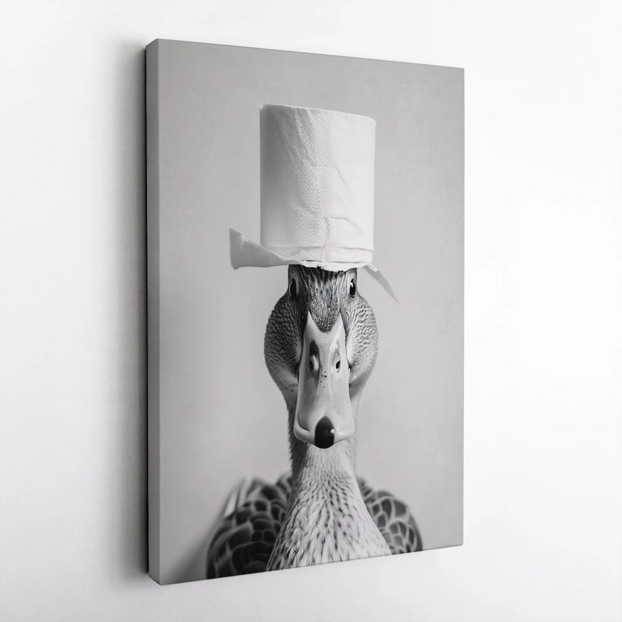Funny Duck Bathroom Canvas Art | Quirky Animal with Toilet Paper Hat | Premium Black and White Print | Humorous Restroom Decor Gift