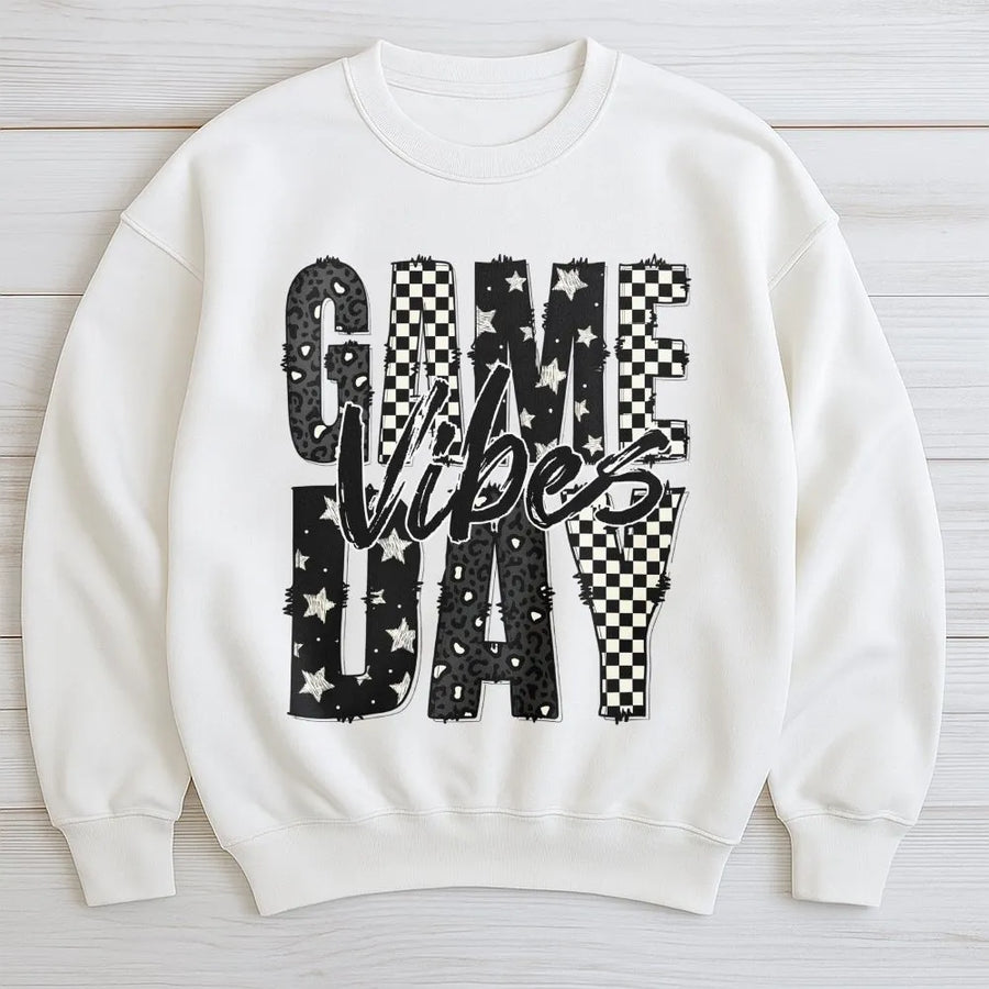 Game Day Vibes Sweatshirt | Checkered Pattern Football Shirt | Premium Cotton Blend | Trendy Fan Apparel Gift for Women & Men