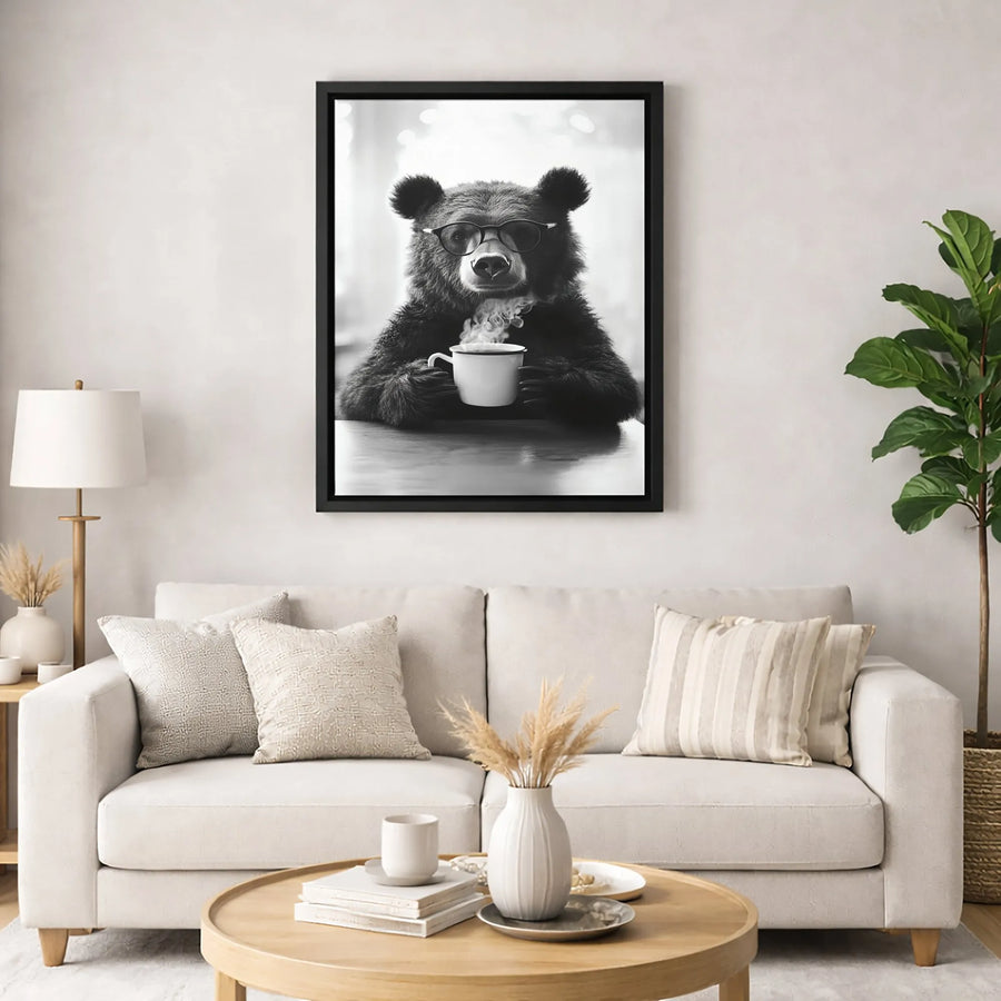 Bear Drinking Coffee Canvas Wall Art | Quirky Animal Portrait in Glasses | Premium Gallery Wrap Print | Modern Kitchen and Office Decor Gift