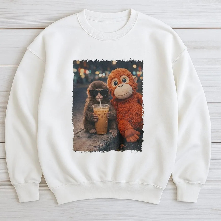 Monkey Iced Coffee Sweatshirt | Funny Animal Graphic Print | Soft Cotton Blend Unisex Pullover | Cute Aesthetic Gift for Coffee Lovers