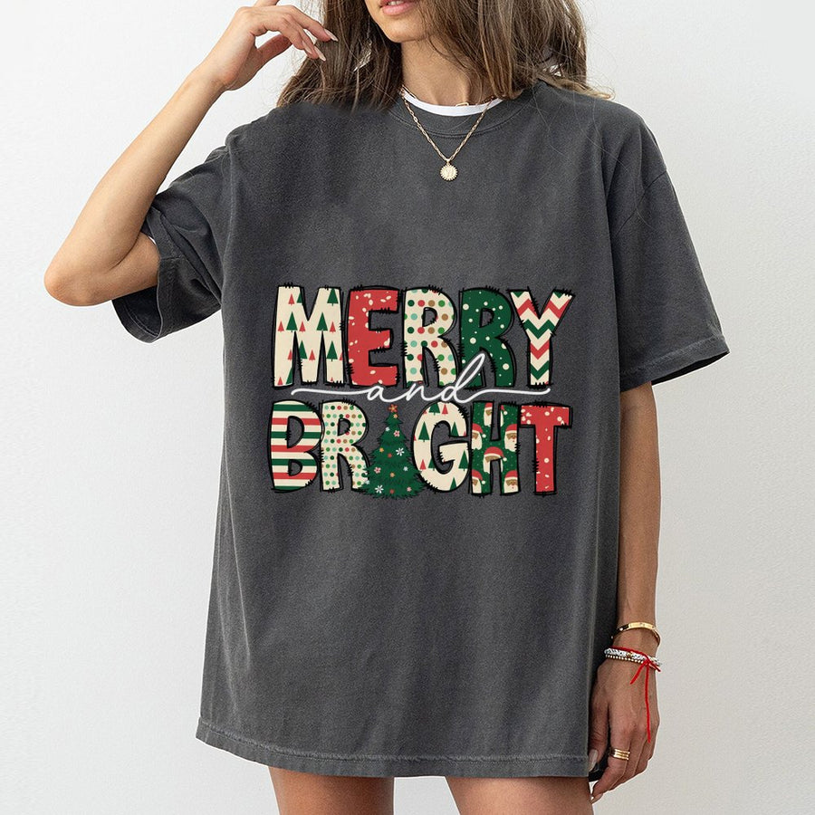 Merry and Bright Christmas T-Shirt | Retro Festive Graphic Holiday Tee | Premium 100% Cotton | Comfortable Unisex Gift for Xmas Lovers