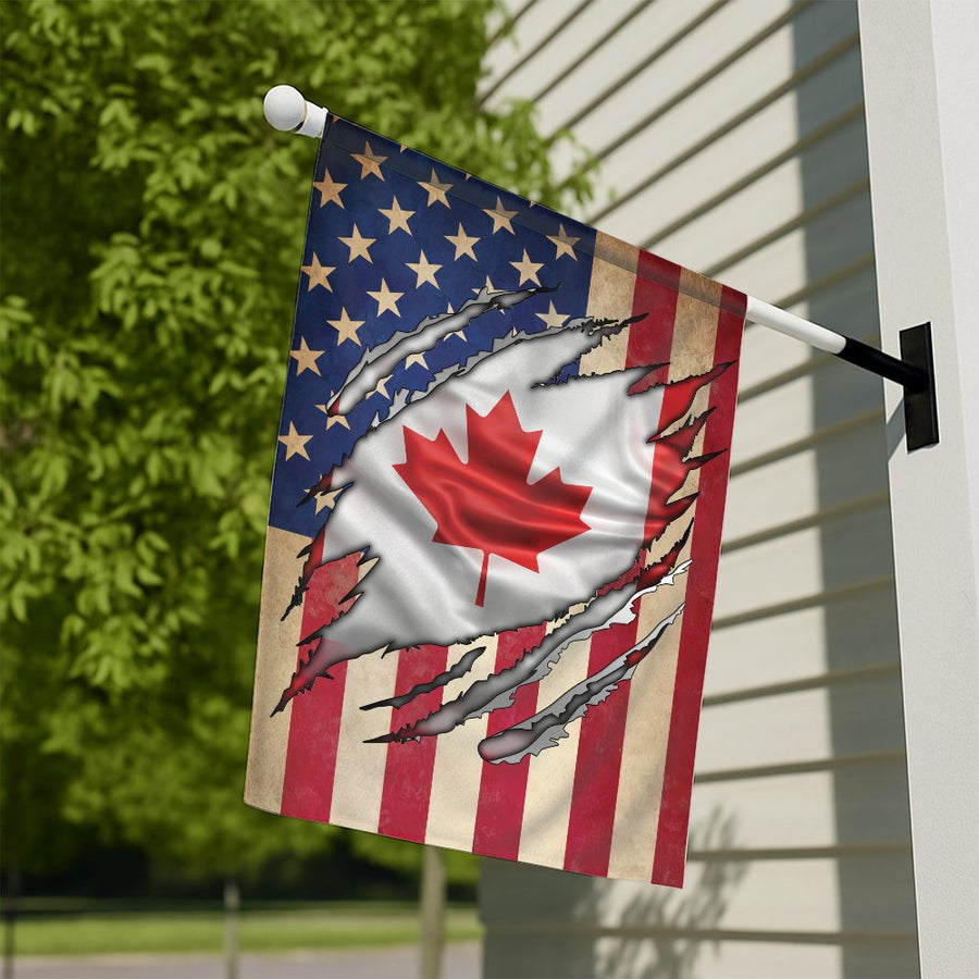 USA Canada Flag House Banner | Torn Reveal Patriotic Design | Premium Weather-Resistant Polyester | Outdoor Garden Decor Gift for Dual Citizen