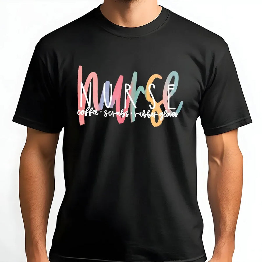 Nurse T-Shirt | Coffee Scrubs and Rubber Gloves Graphic | Premium 100% Cotton Tee | Perfect Nursing School Graduation Gift for RN and LPN