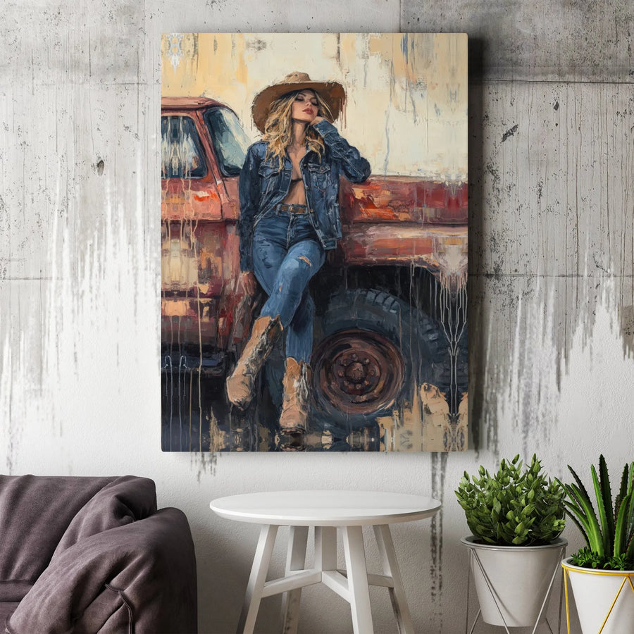 Cowgirl Canvas Wall Art | Rustic Western Denim Blonde Portrait | Gallery Wrapped Premium Print | Farmhouse Home Decor Gift
