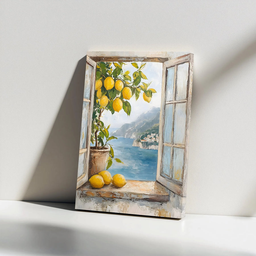 Lemon Tree Window Canvas Wall Art | Italian Coastal View Painting Print | Premium Thick Gallery Wrap | Mediterranean Kitchen Decor Gift