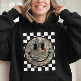 Camo Smiley Face Hoodie | Retro Checkerboard Print | Premium Cotton Blend | Unisex Streetwear Gift for Her