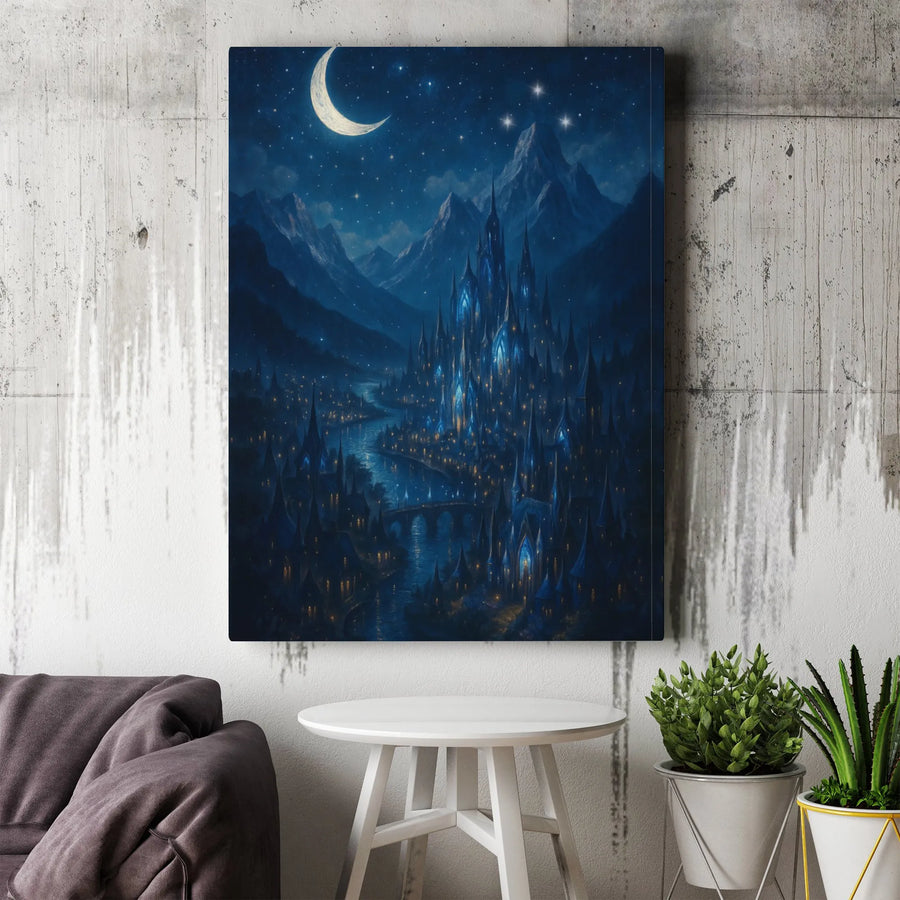 Fantasy Castle Canvas Wall Art | Magical River Night Landscape | 1.25 Inch Gallery Wrap | Dreamy Bedroom Decor Gift