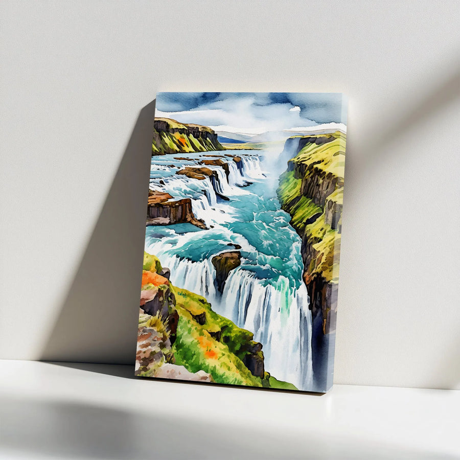 Icelandic Waterfall Canvas Art | Gullfoss Watercolor Landscape Print | Premium Thick Gallery Canvas | Living Room & Office Wall Decor Gift