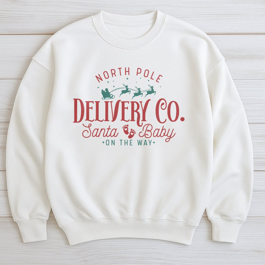 North Pole Delivery Co. Sweatshirt | Santa Baby Christmas Pregnancy Announcement | Premium Cotton Blend | Gift for Expecting Mom
