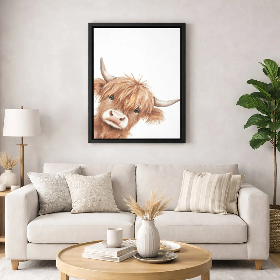 Highland Cow Canvas Wall Art | Watercolor Peeking Cattle Portrait | Premium Gallery Wrap Print | Farmhouse Nursery Decor & Country Gift