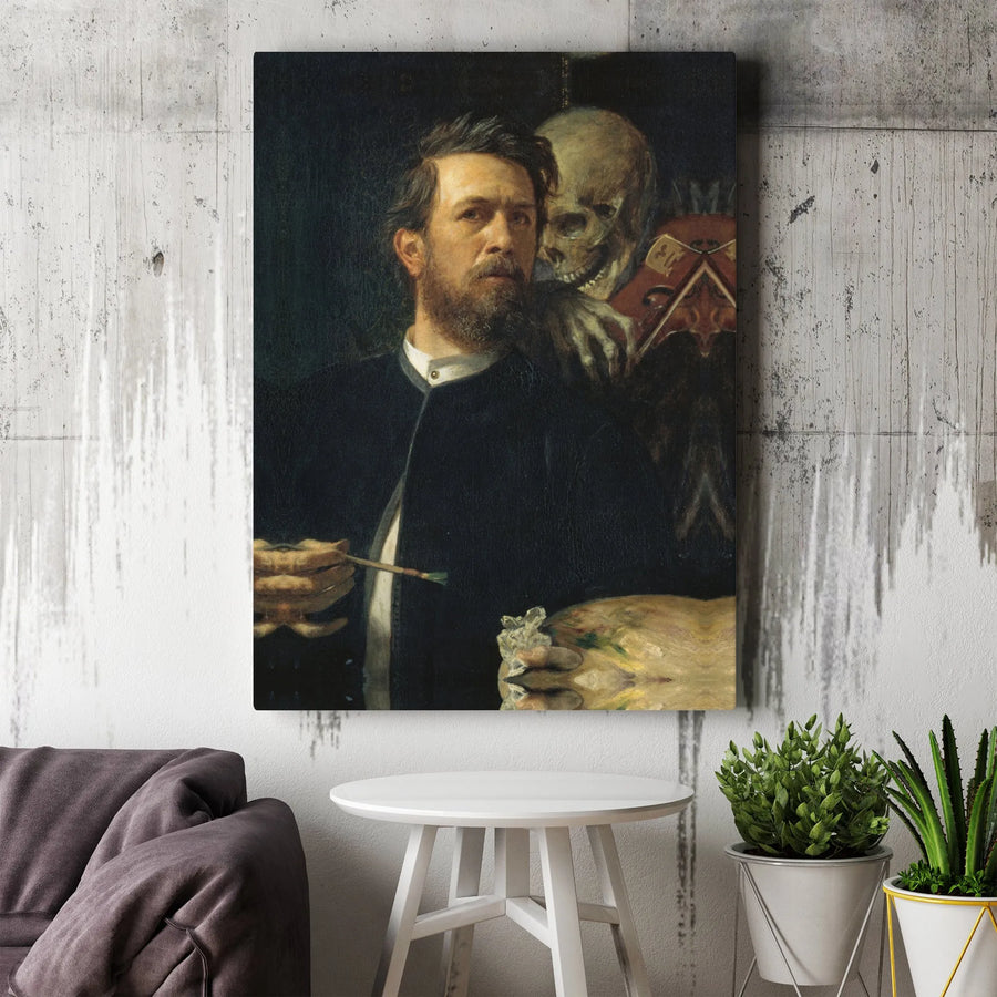 Self-Portrait with Death Playing the Fiddle Canvas | Arnold Böcklin Masterpiece Wall Art | Premium Gallery-Wrapped Print | Gothic Home Decor for Art Lovers