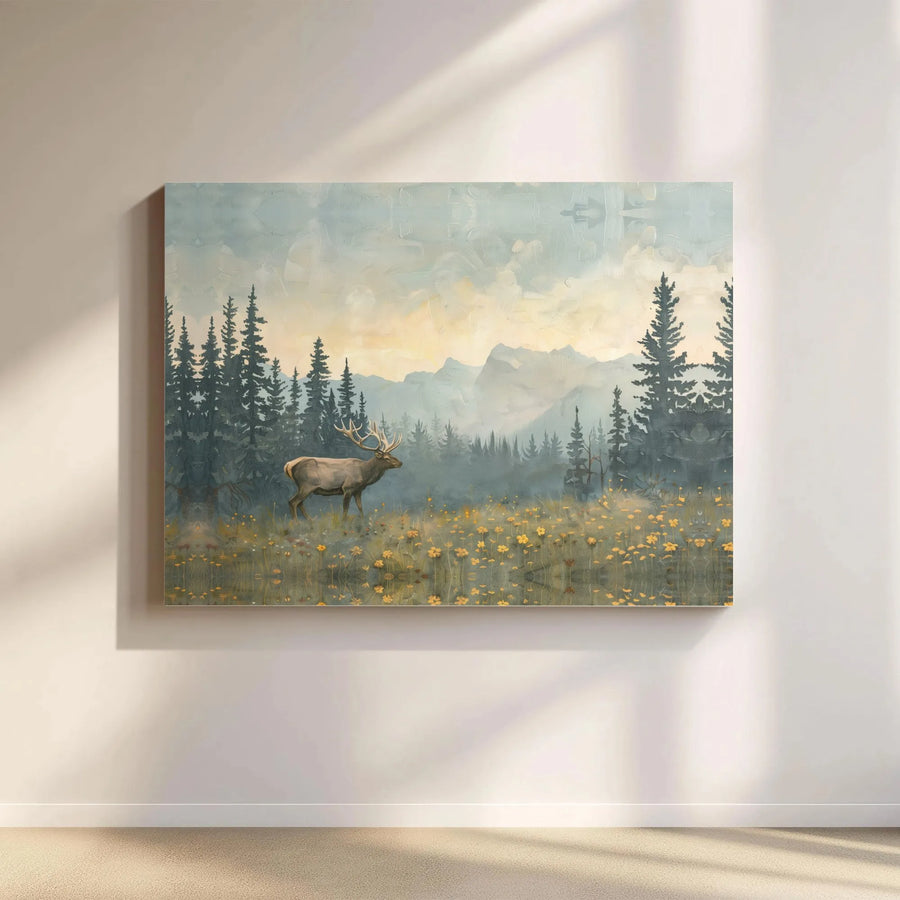 Elk Mountain Landscape Canvas | Foggy Forest Meadow Wall Art | Premium Gallery-Wrapped Print | Nature-Inspired Home Decor Gift