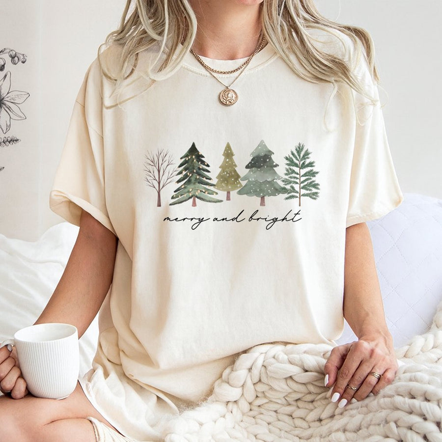 Merry and Bright Christmas Tree T-Shirt | Watercolor Pine Forest Graphic | Premium 100% Cotton | Festive Holiday Gift for Men and Women