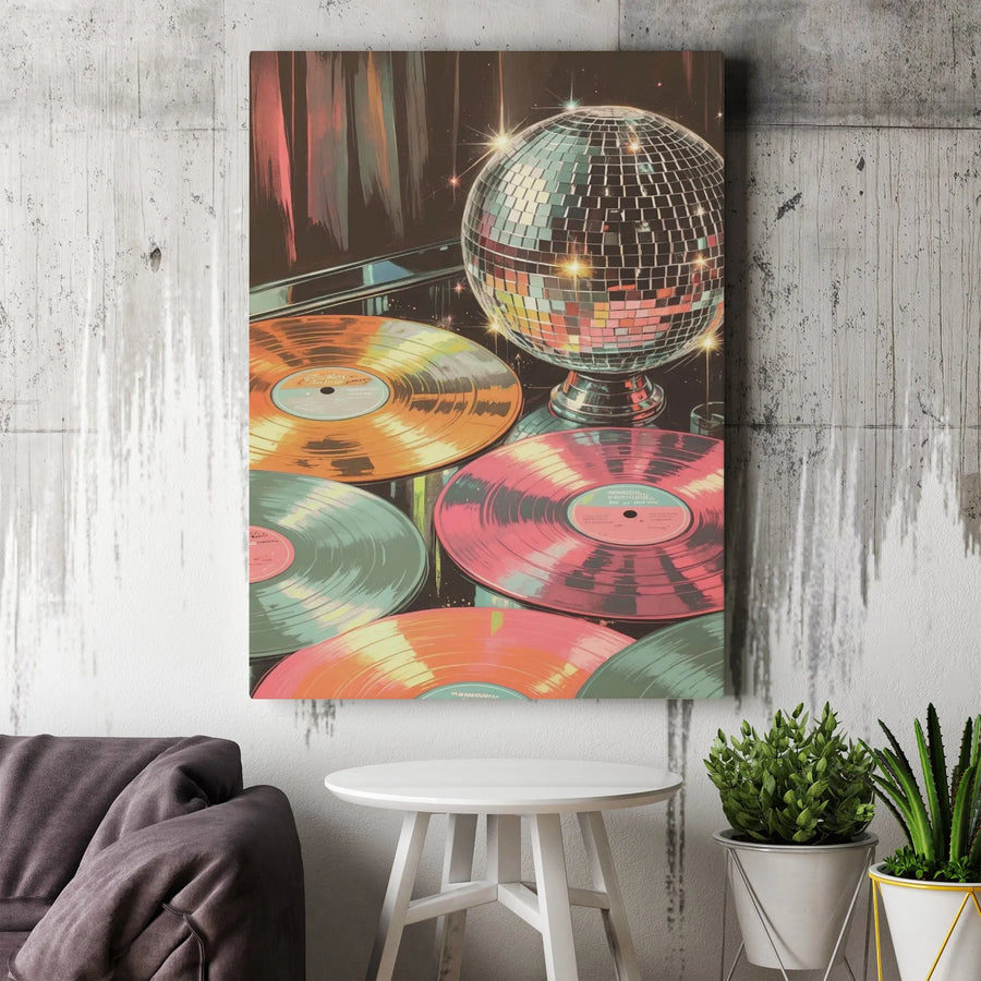Disco Ball Vinyl Record Art Print | Retro 70s Music Wall Decor | Premium Gallery-Wrapped Canvas | Aesthetic Gift for Music Lovers and Vinyl Collectors
