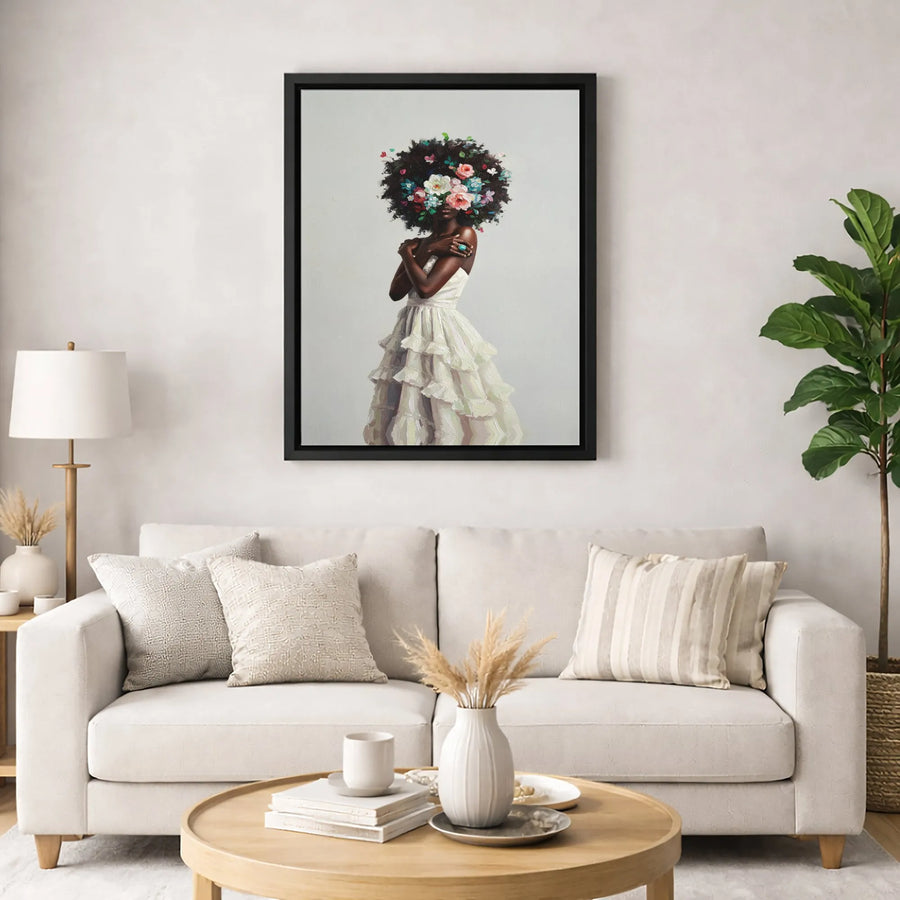 Black Woman Floral Afro Canvas Art | Elegant Portrait in Ruffled White Dress | Premium 1.25" Gallery Wrap | Modern African American Home Decor