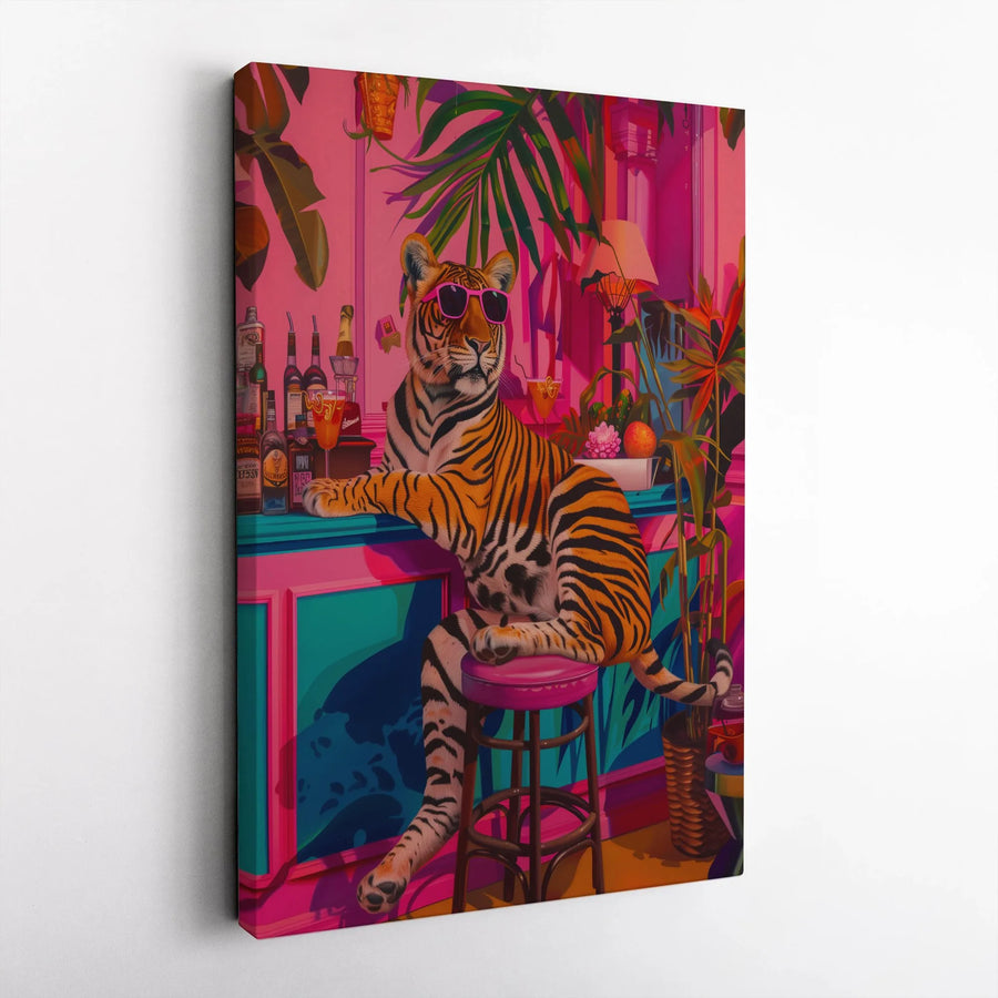 Cool Tiger Bar Vertical Canvas | Quirky Animal in Sunglasses Art Print | Premium Gallery Wrapped Canvas | Maximalist Home Decor Gift