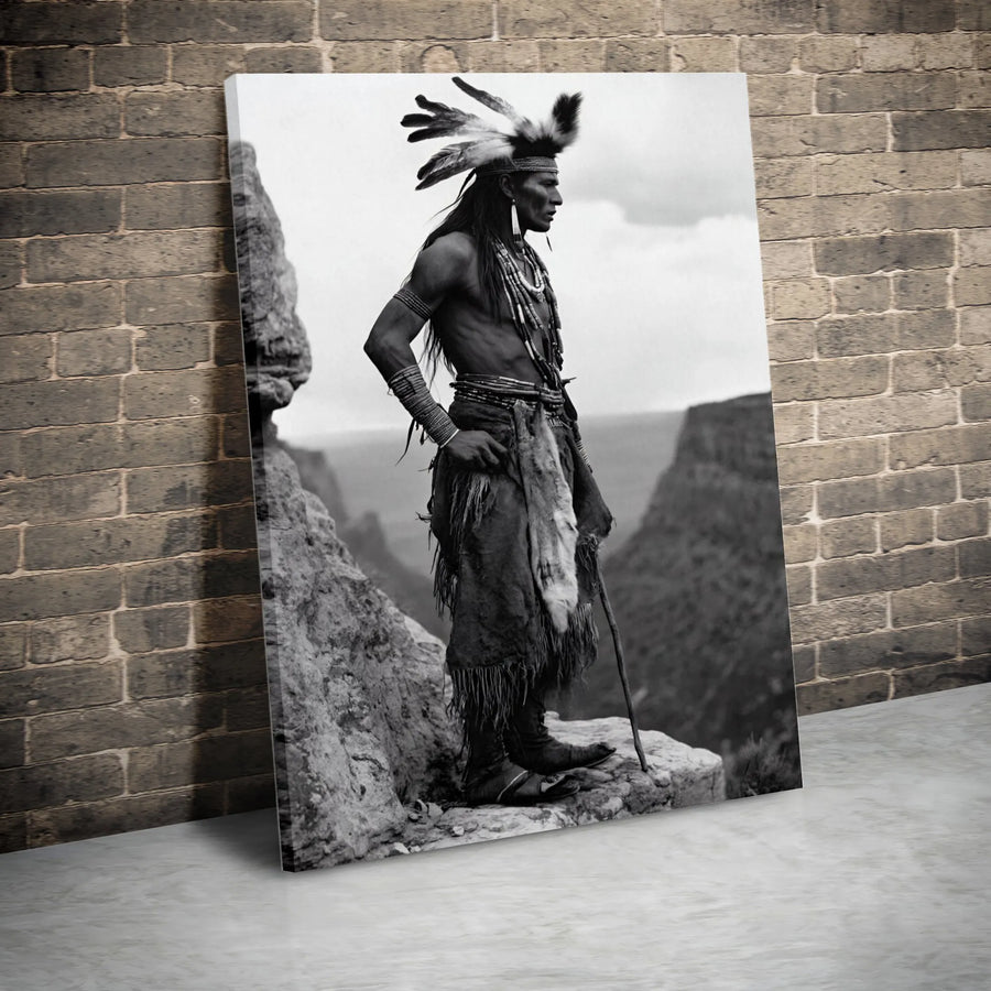 Native American Warrior Vertical Canvas | Vintage Black and White Photography | Premium 1.25" Thick Wall Art | Western & Southwestern Home Decor Collector's Gift
