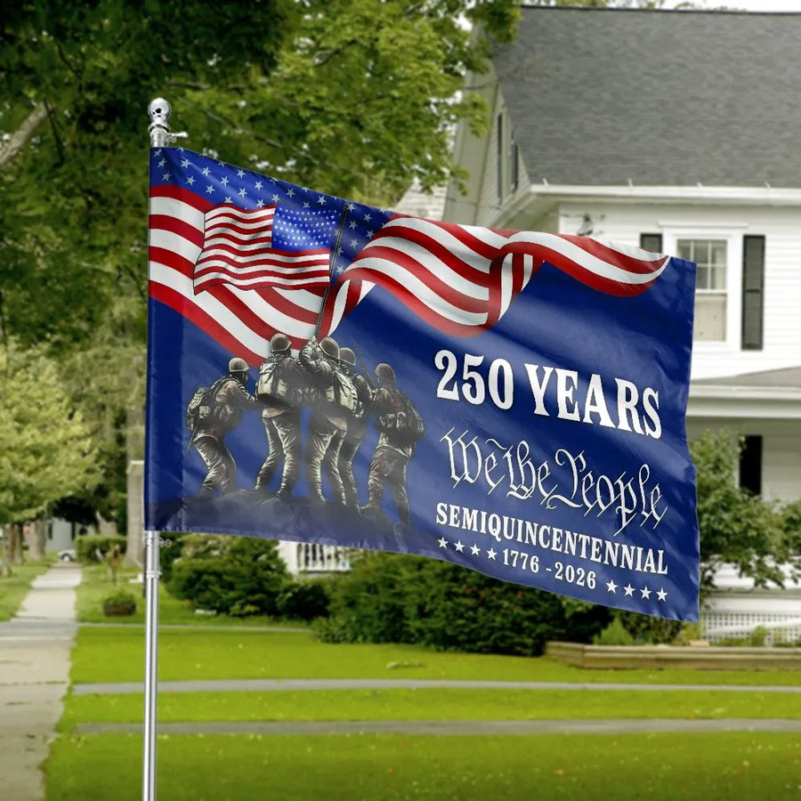 Semiquincentennial 250th Anniversary Flag | We The People & Soldiers Graphic | Double-Sided Polyester Banner | Commemorative Patriotic Yard Decor Gift
