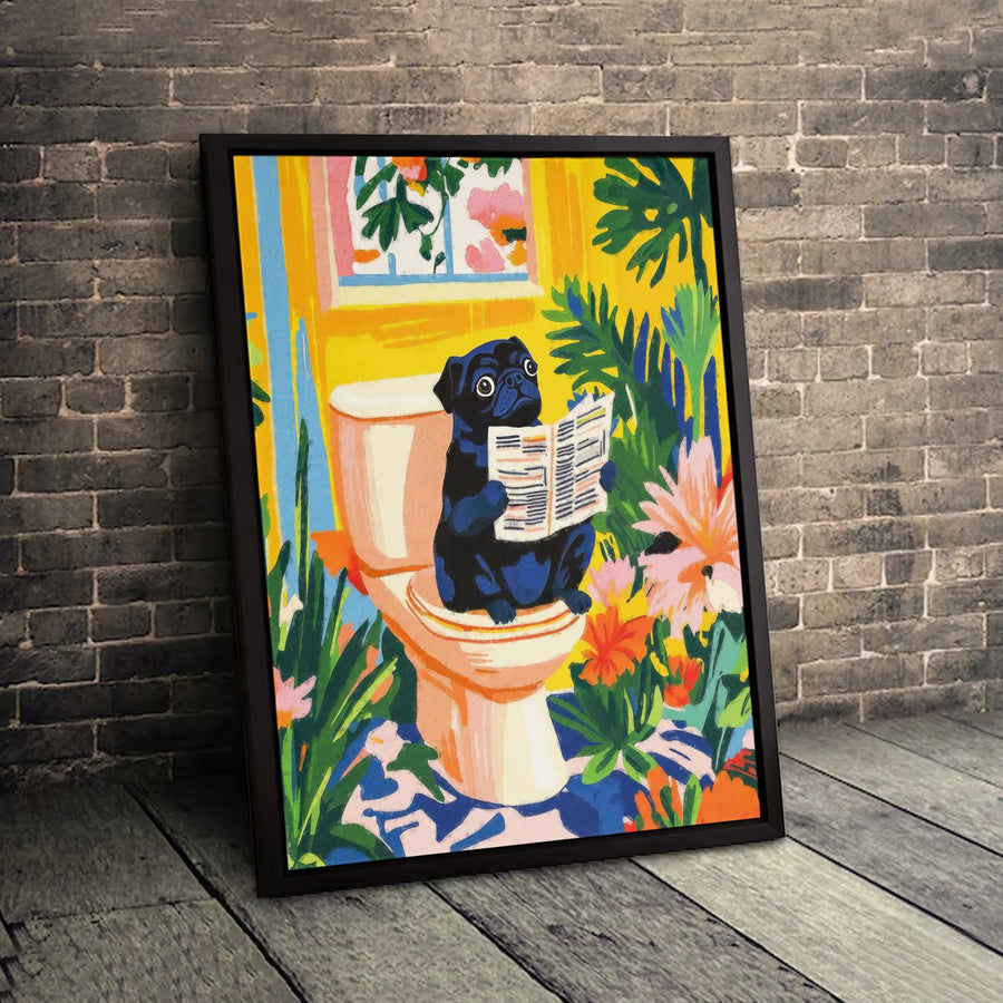 Black Pug Bathroom Art Print | Funny Dog Reading Newspaper On Toilet | Gallery-Quality Canvas Wall Decor | Quirky Gift for Dog Lovers