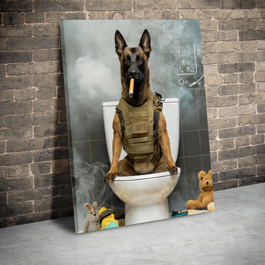 Belgian Malinois Wall Art | Tactical Dog Smoking Cigar on Toilet | Premium Canvas Print | Funny Military K9 Decor Gift for Dog Lovers