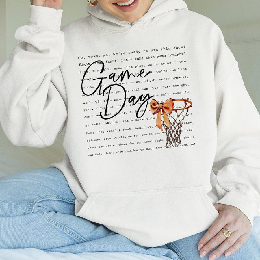 Game Day Basketball Hoodie | Coquette Bow Basketball Hoop Graphic | Premium Cotton Blend Unisex Sweatshirt | Basketball Mom Gift Apparel