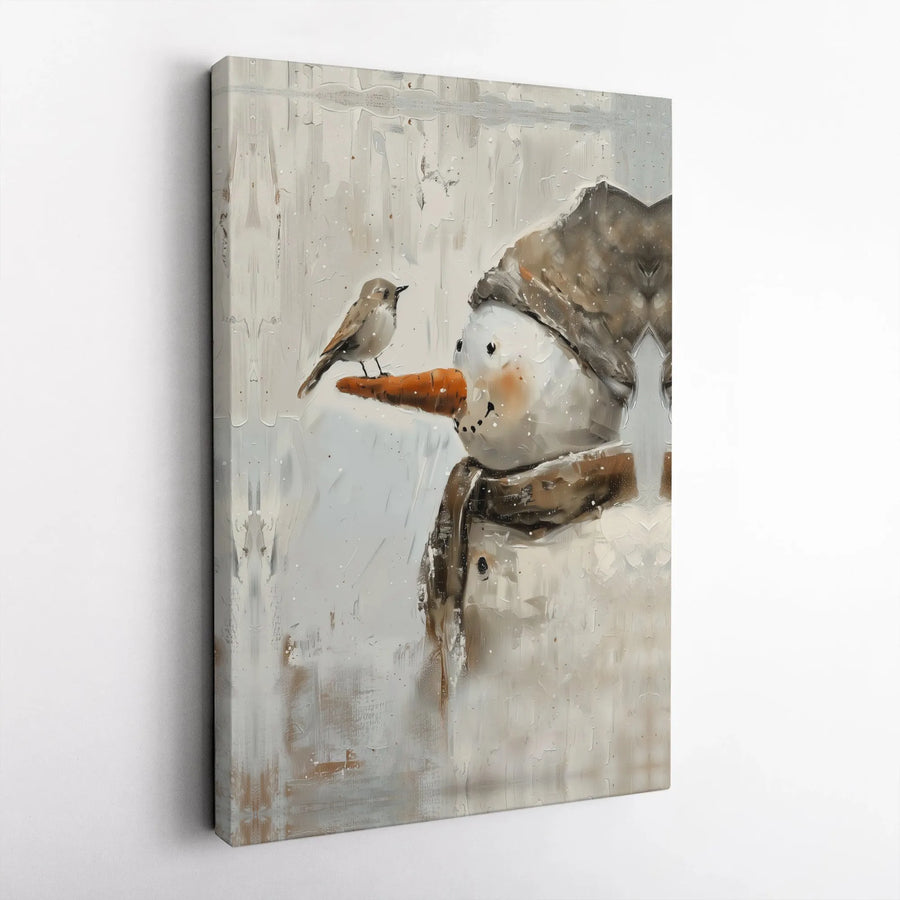Snowman Wall Art | Winter Bird Oil Painting Style | Premium Gallery Wrap Canvas | Holiday Home Decor Gift