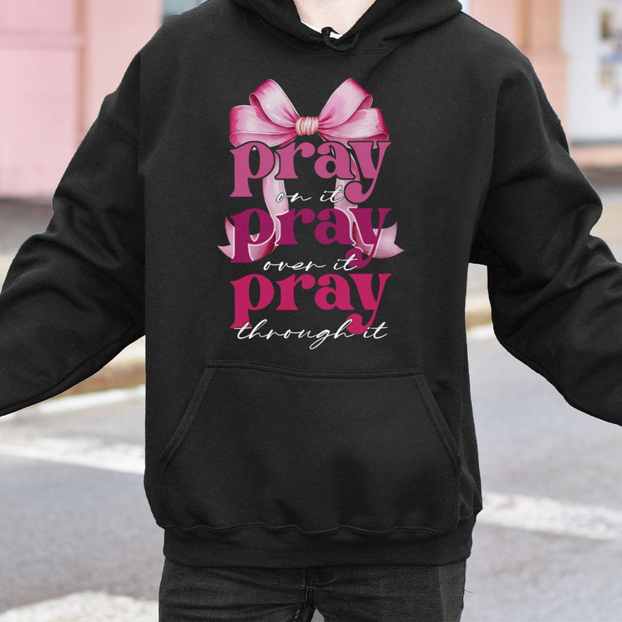 Pray On It Hoodie | Coquette Pink Bow Graphic | Premium Cotton Blend | Christian Faith Gift for Women & Teens