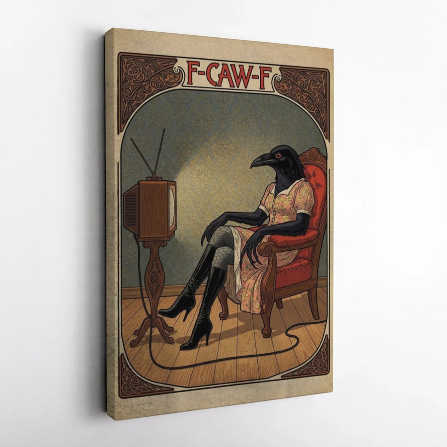 Anthropomorphic Crow Wall Art | Vintage TV Surrealism Poster | 1.25-Inch Gallery-Wrapped Canvas | Quirky Dark Academia Home Decor Gift