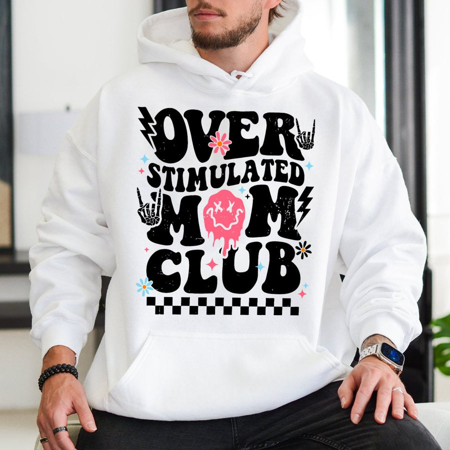 Overstimulated Mom Club Hoodie | Retro Groovy Graphic Sweatshirt | Premium Cotton Blend | Funny Anxiety Gift for New Moms and Wife