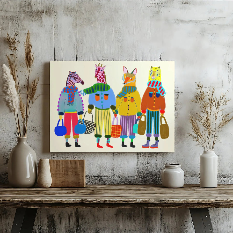 Whimsical Animal Friends Wall Art | Colorful Winter Shopping Illustration | Premium 1.25-Inch Thick Canvas | Nursery Decor & Unique Home Gift