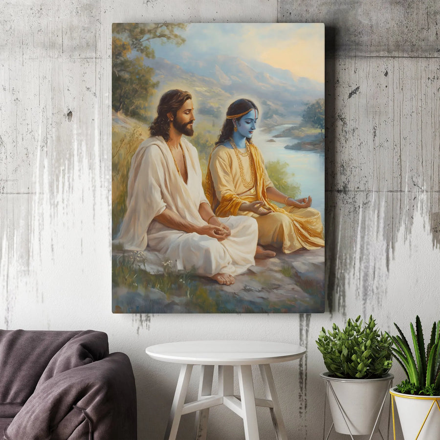 Jesus and Krishna Meditating Canvas Print | Spiritual Unity Wall Art | Premium Gallery Wrapped Decor | Gift for Interfaith Peace