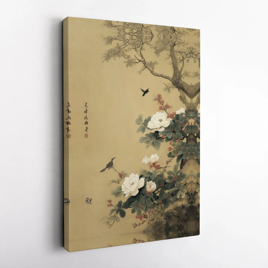 Traditional Chinese Floral Canvas Print | Minimalist Bird and Butterfly Wall Art | 1.25-inch Premium Gallery Wrap | Zen Home Decor Gift