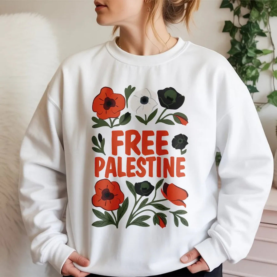 Free Palestine Sweatshirt | Palestinian Poppy Flower Graphic | Soft Cotton Tee | Activist Gift for Protest