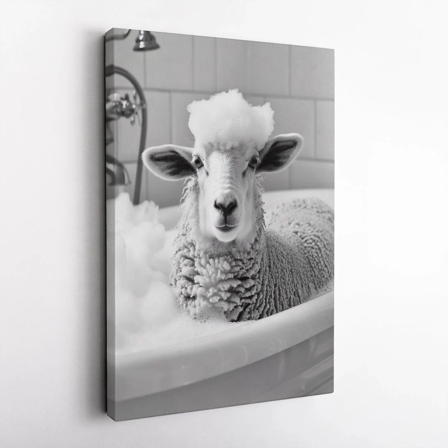 Funny Sheep Bubble Bath Wall Art | Black And White Farmhouse Bathroom Decor | Premium Gallery Wrapped Canvas | Quirky Animal Portrait Gift