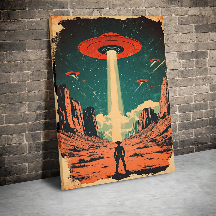 Retro Sci-Fi Canvas Wall Art | Vintage Cowboy & Alien Invasion Poster | Premium Thick Gallery Wrap | Collector's Gift for UFO Fans