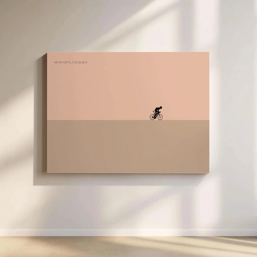 Minimalist Cycling Canvas Print | Cyclist Silhouette with Paris Coordinates | Premium Gallery Wrapped Canvas | Modern Home Decor Gift for Biker