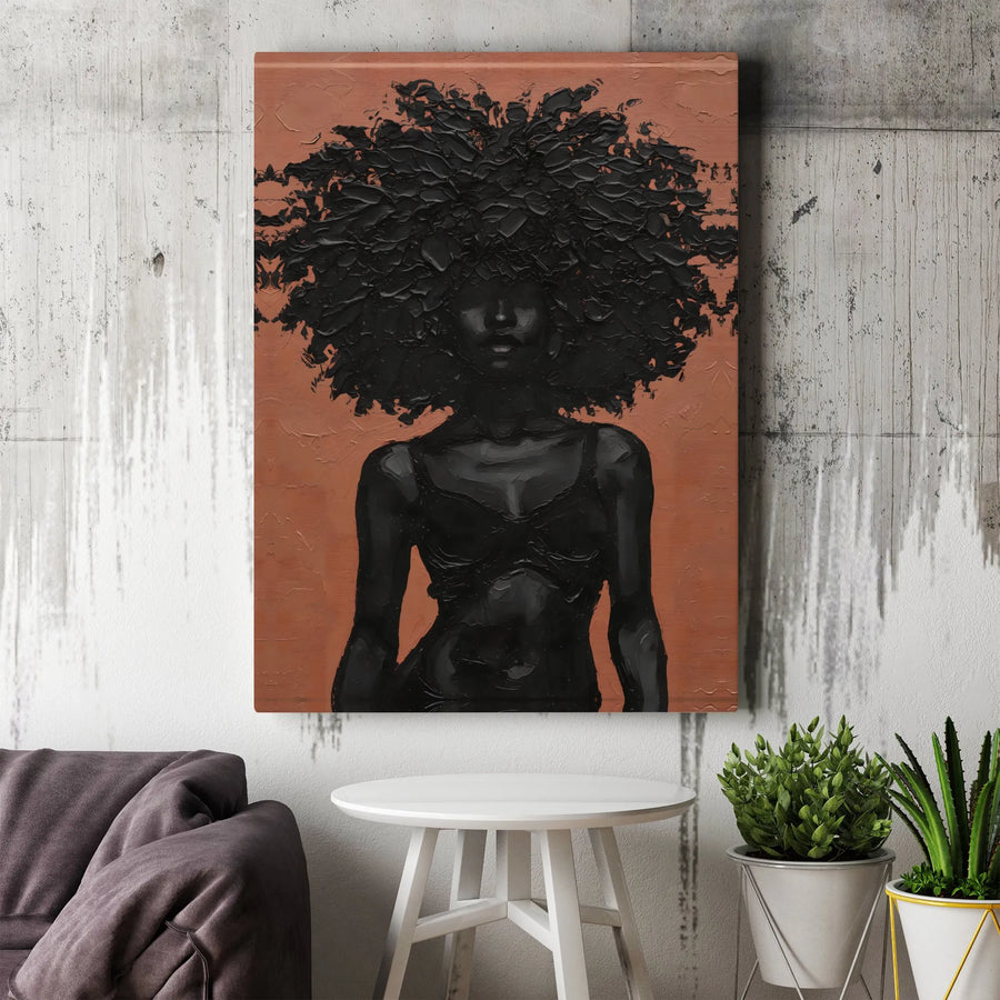 Black Woman Canvas Art | Textured Afro Hair Impasto Oil Painting | Premium Gallery Wrap Wall Decor | Empowering Home Office Gift