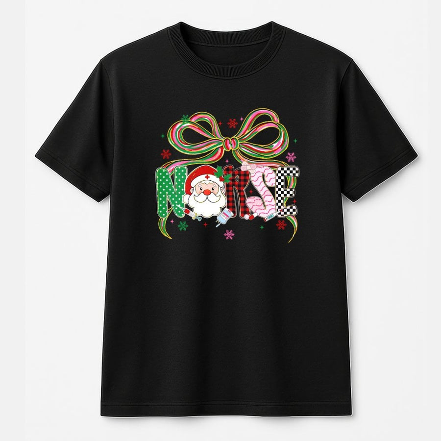Christmas Nurse T-Shirt | Santa Coquette Bow Graphic Design | 100% Cotton Premium Tee | Holiday Gift for Nurses & Medical Professionals