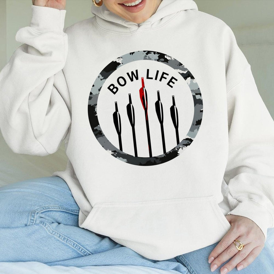 Bow Life Archery Hoodie | Camo Arrow Graphic Target Design | Premium Cotton-Poly Blend | Gift for Bow Hunters and Outdoor Enthusiasts