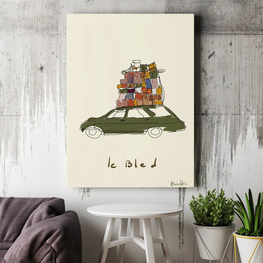 Le Bled Car Canvas Print | Overloaded Travel Illustration | Gallery Wrapped Premium Wall Art | Nostalgic Road Trip Decor For Home Office