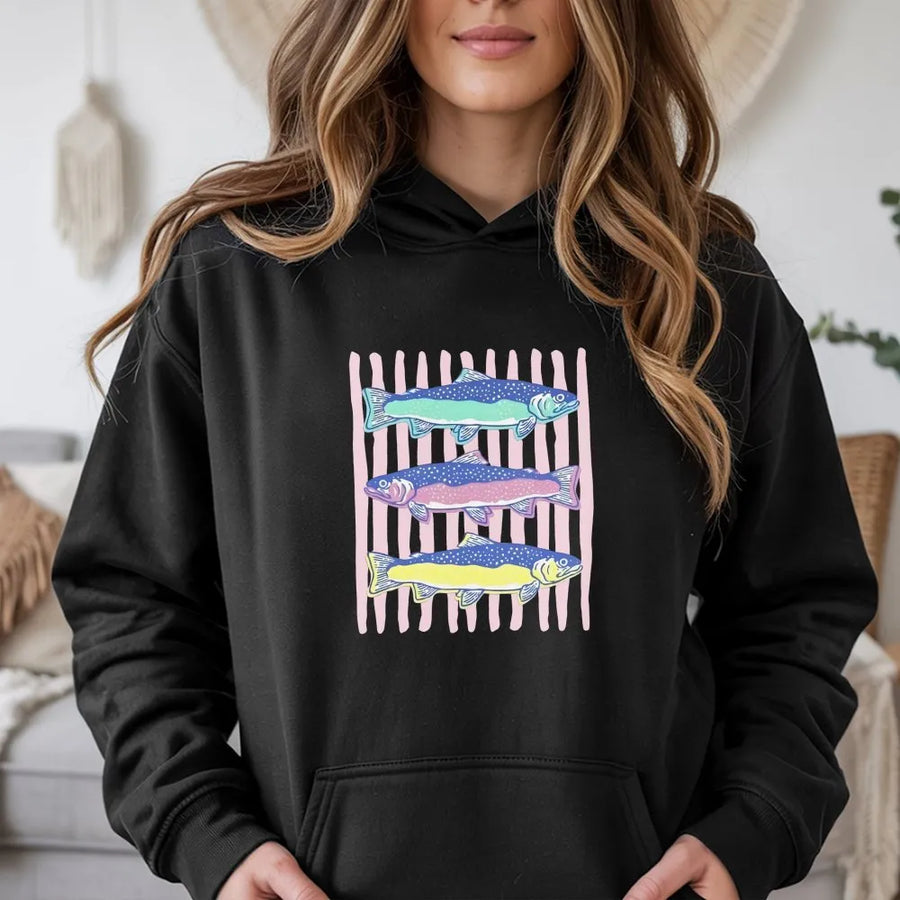 Striped Trout Hoodie | Preppy Fishing Crewneck with Colorful Fish Graphic | Cozy Cotton Blend | Trendy Angler Gift for Her